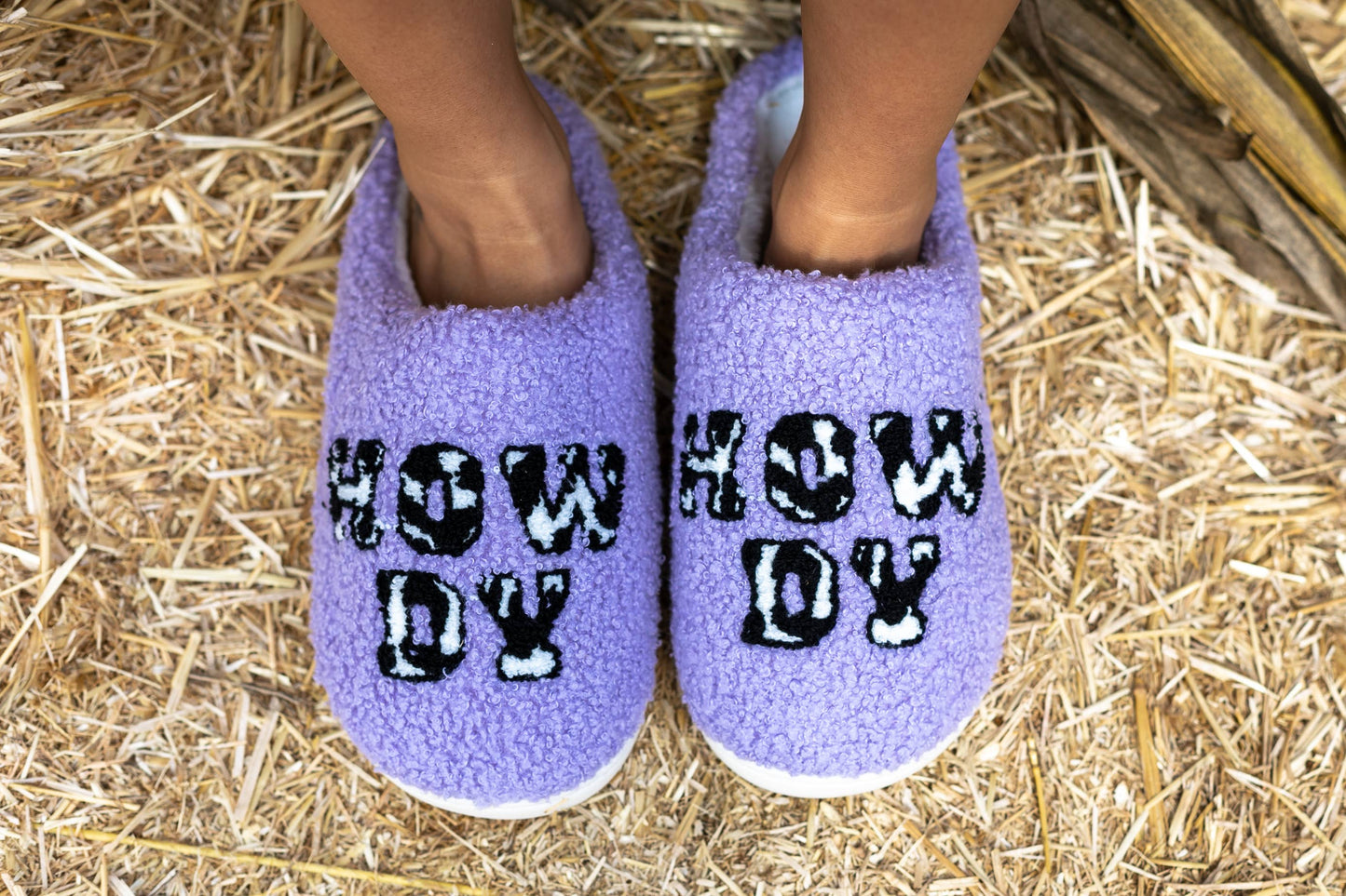 Pantuflas para interior y exterior - Estampado de vaca "Howdy" - Morado