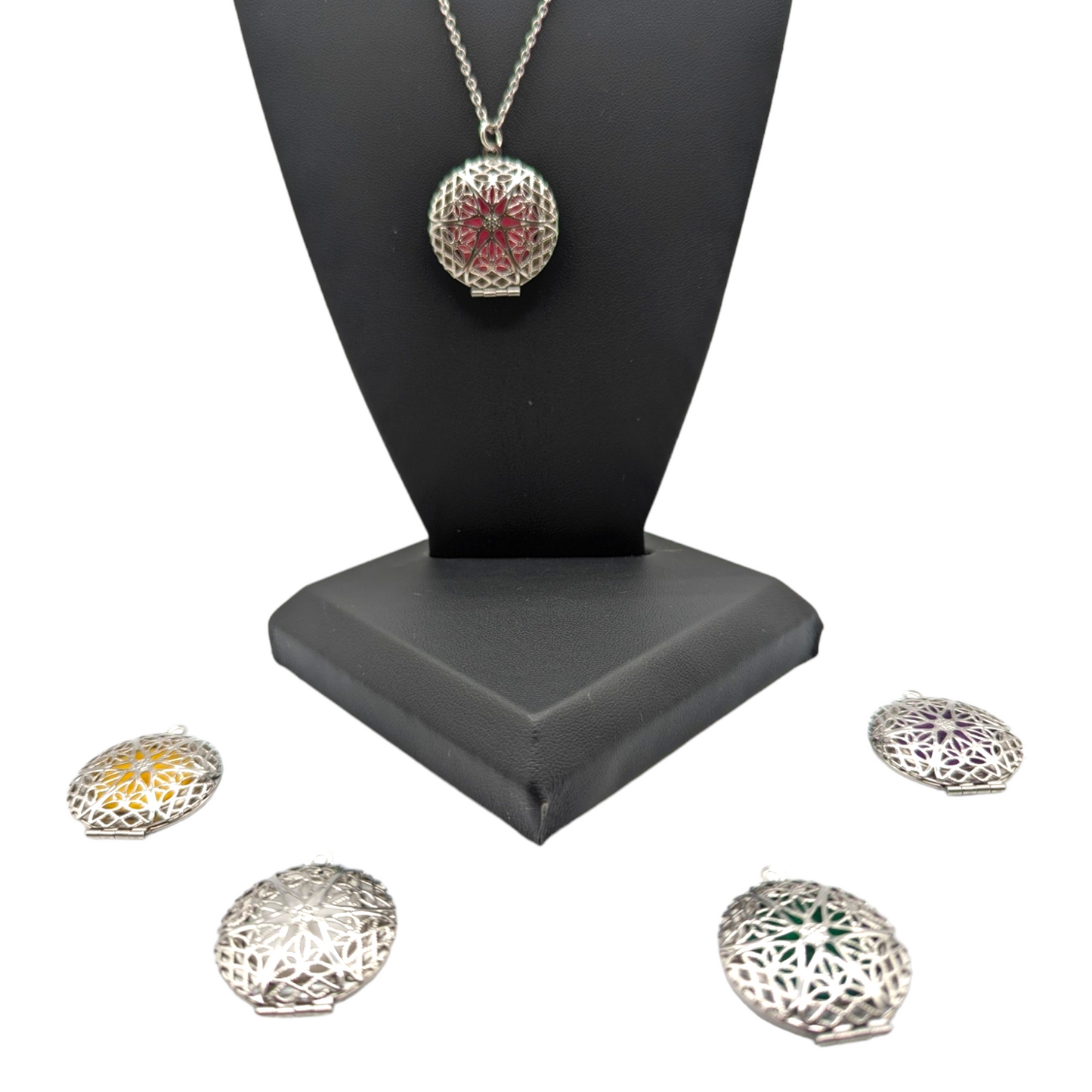 Stainless Steel Filigree Aromatherapy Locket with 18" Stainless Steel Chain