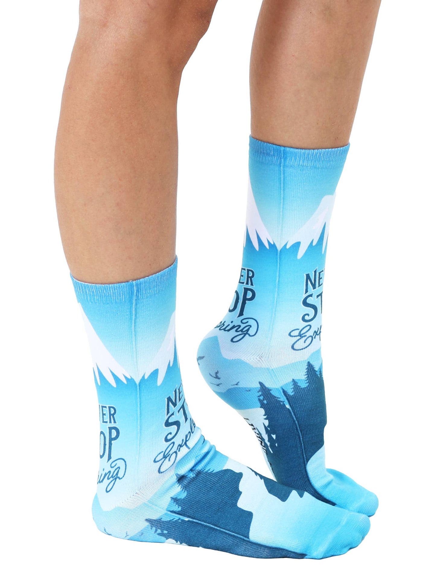 Novelty Graphic Crew Socks - "Never Stop Exploring" - Blue