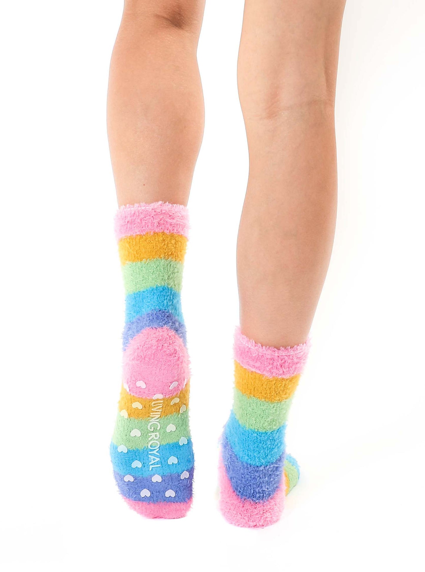 Fuzzy Crew Socks - Teddy Bears - Rainbow Stripes