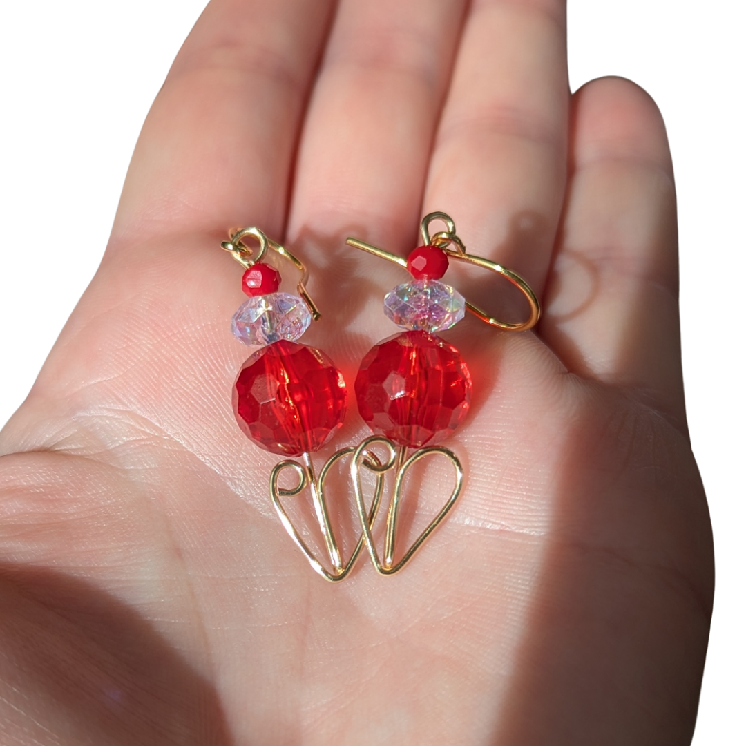 Heart of Gold Faceted Red Beaded Drop Earrings