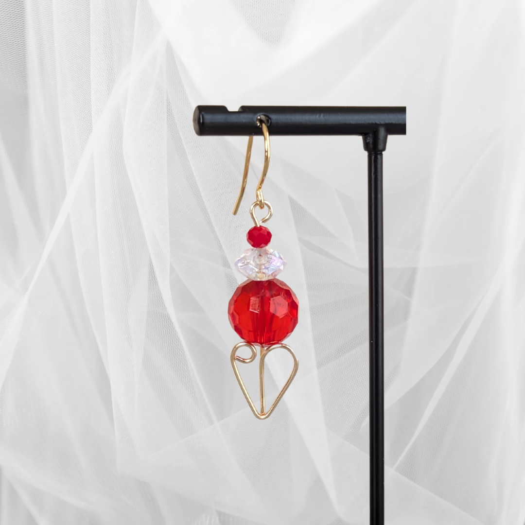 Heart of Gold Faceted Red Beaded Drop Earrings