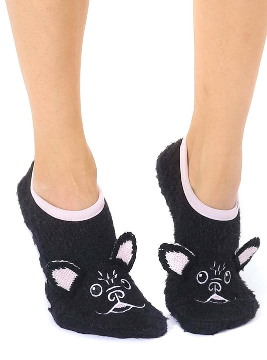 Fuzzy Slipper Socks w/ 3D Ears - Frenchie Dog - Black