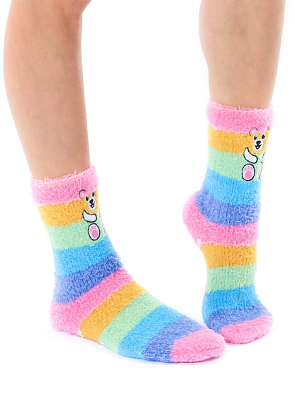 Fuzzy Crew Socks - Teddy Bears - Rainbow Stripes