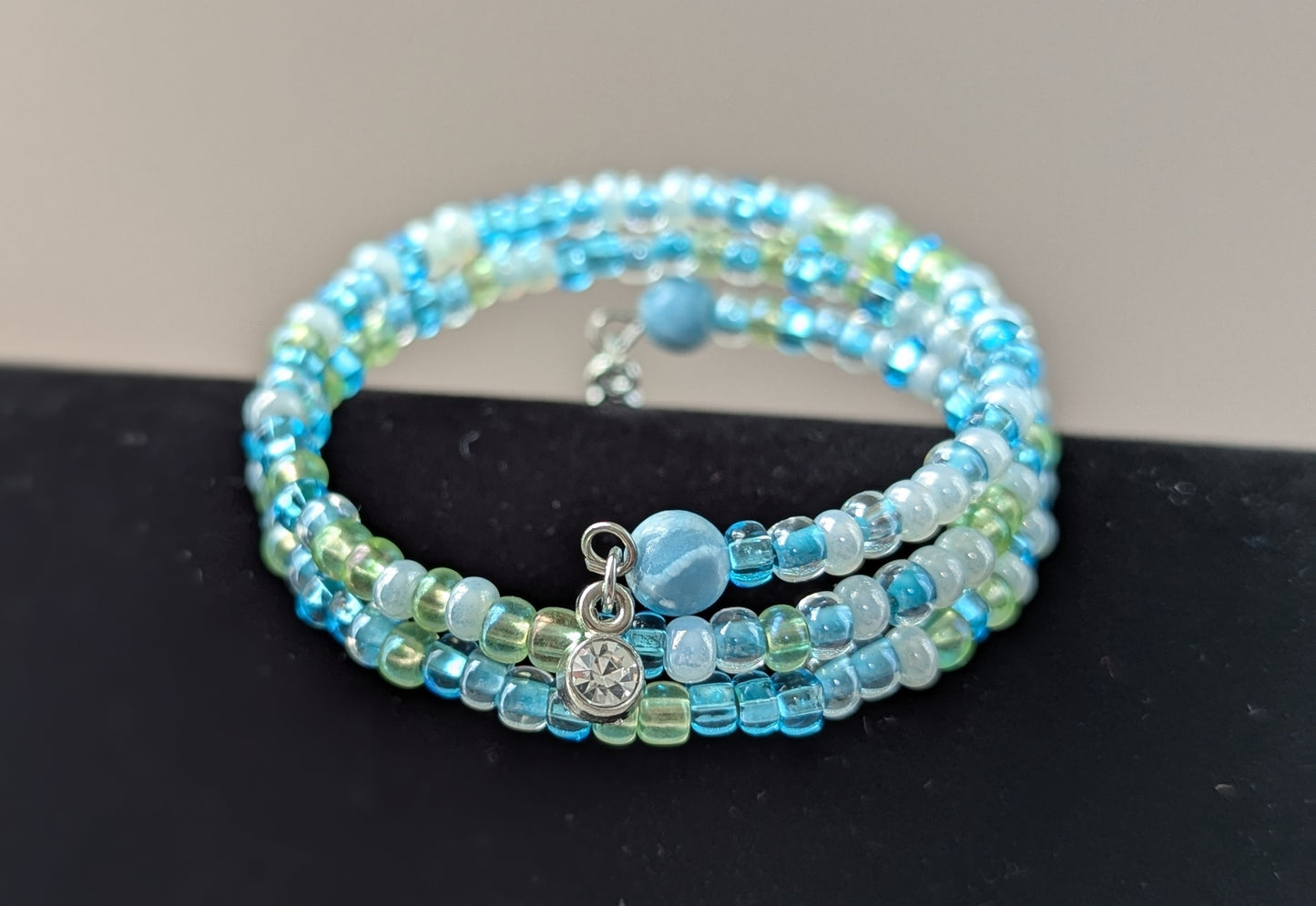 "Be a Mermaid" Larimer Blue Jasper and Blue Angel Seed Beads Memory Wire Bracelet