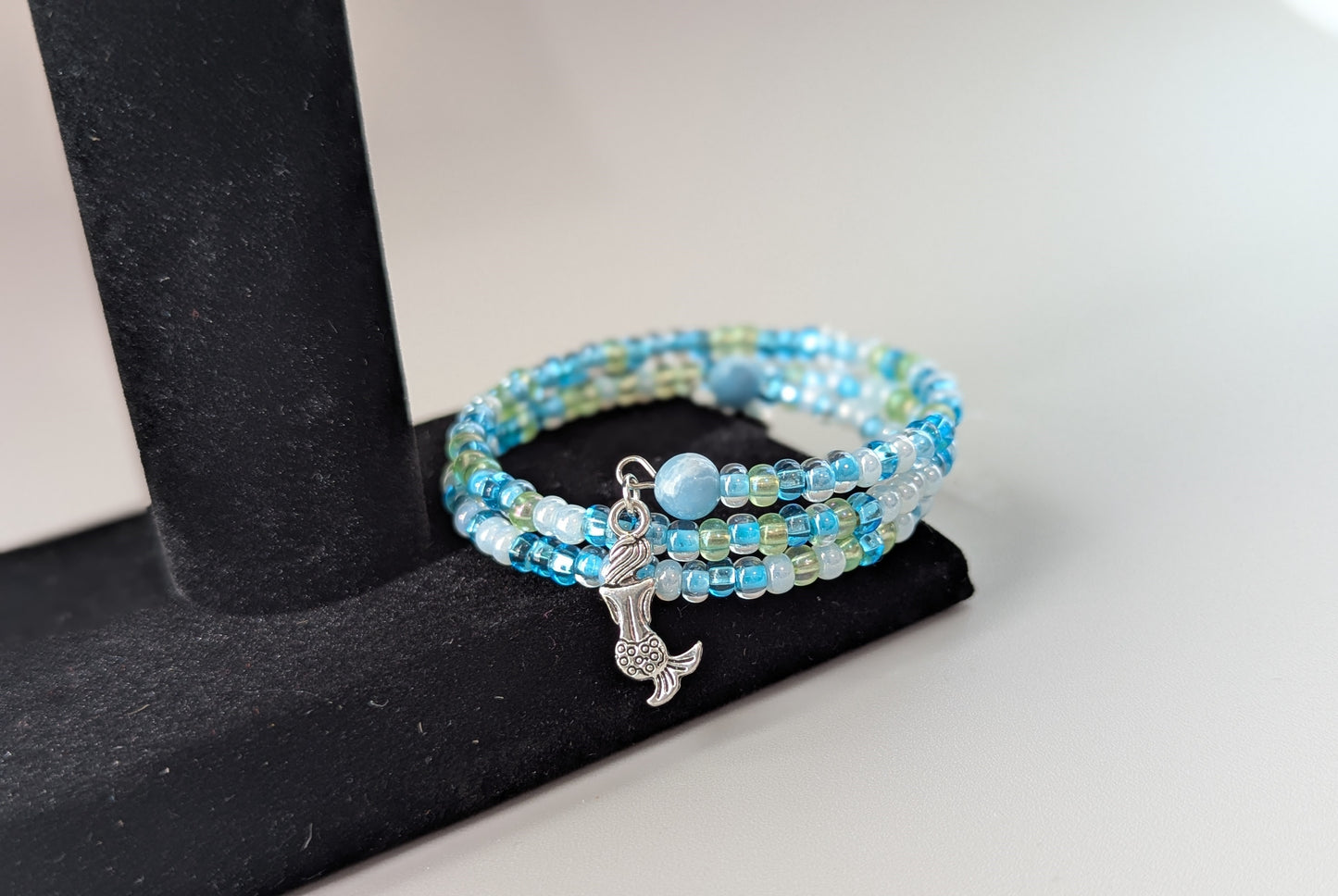 "Be a Mermaid" Larimer Blue Jasper and Blue Angel Seed Beads Memory Wire Bracelet