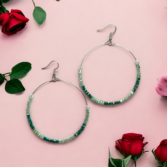 Sea Green Glass Bead Large Hoop Earrings with Swarovski® Crystals