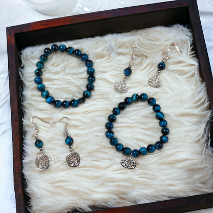 Dark Peacock Blue Tiger Eye Stretch Bracelets & Earrings Collection