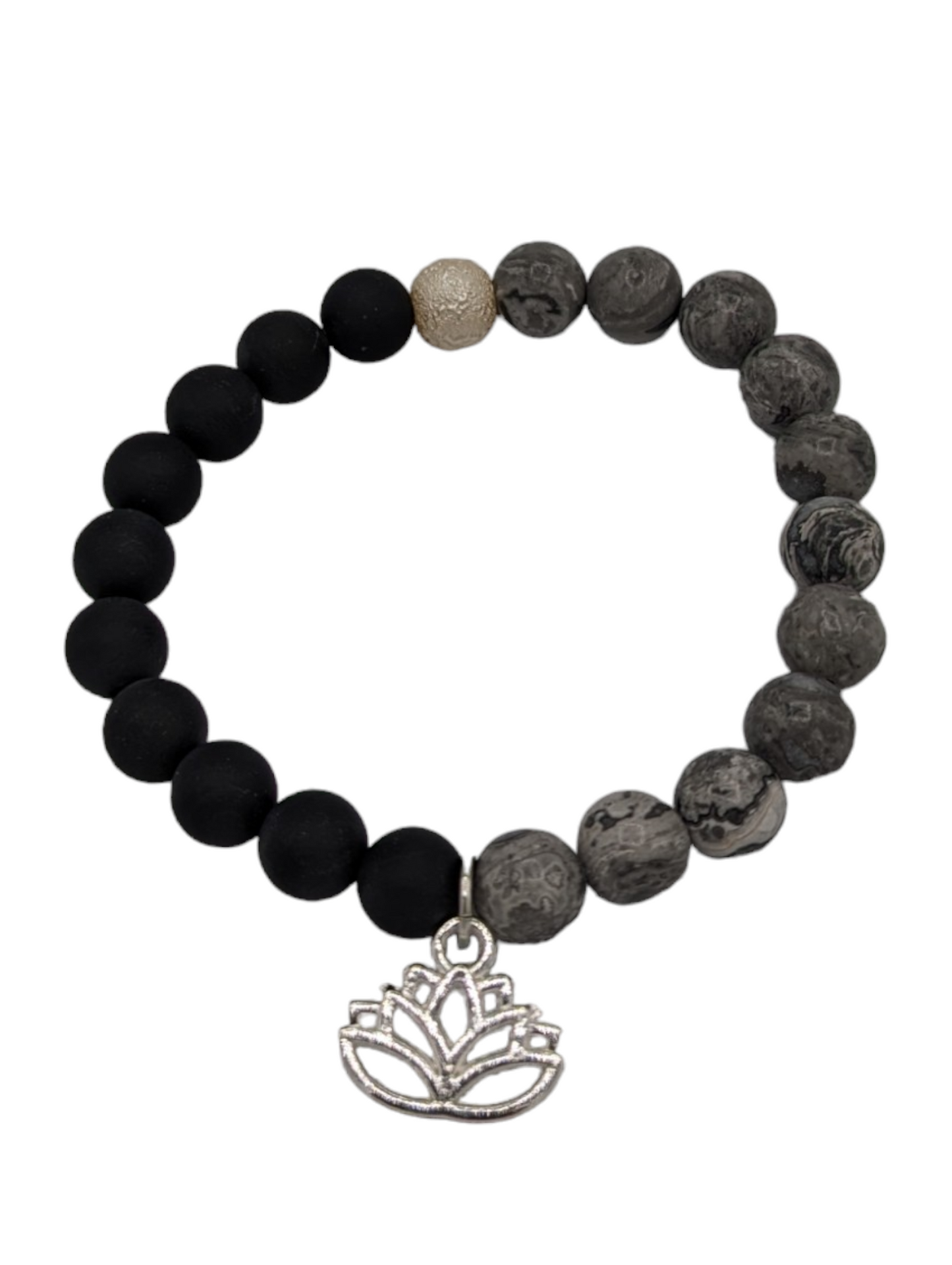 Matte Black Onyx & Map Jasper Grey Beaded Stretch Bracelet - Choose Your Favorite Charm