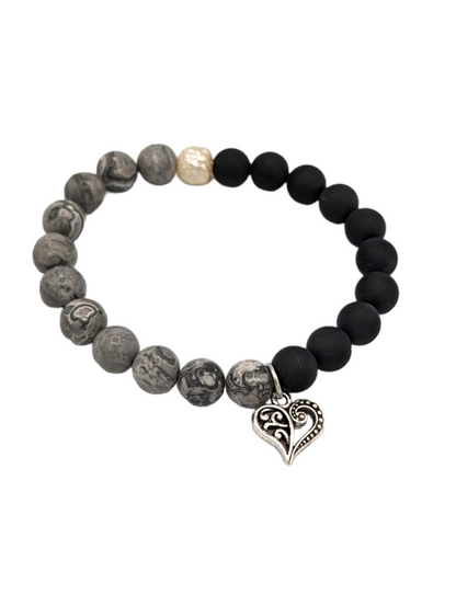 Matte Black Onyx & Map Jasper Grey Beaded Stretch Bracelet - Choose Your Favorite Charm