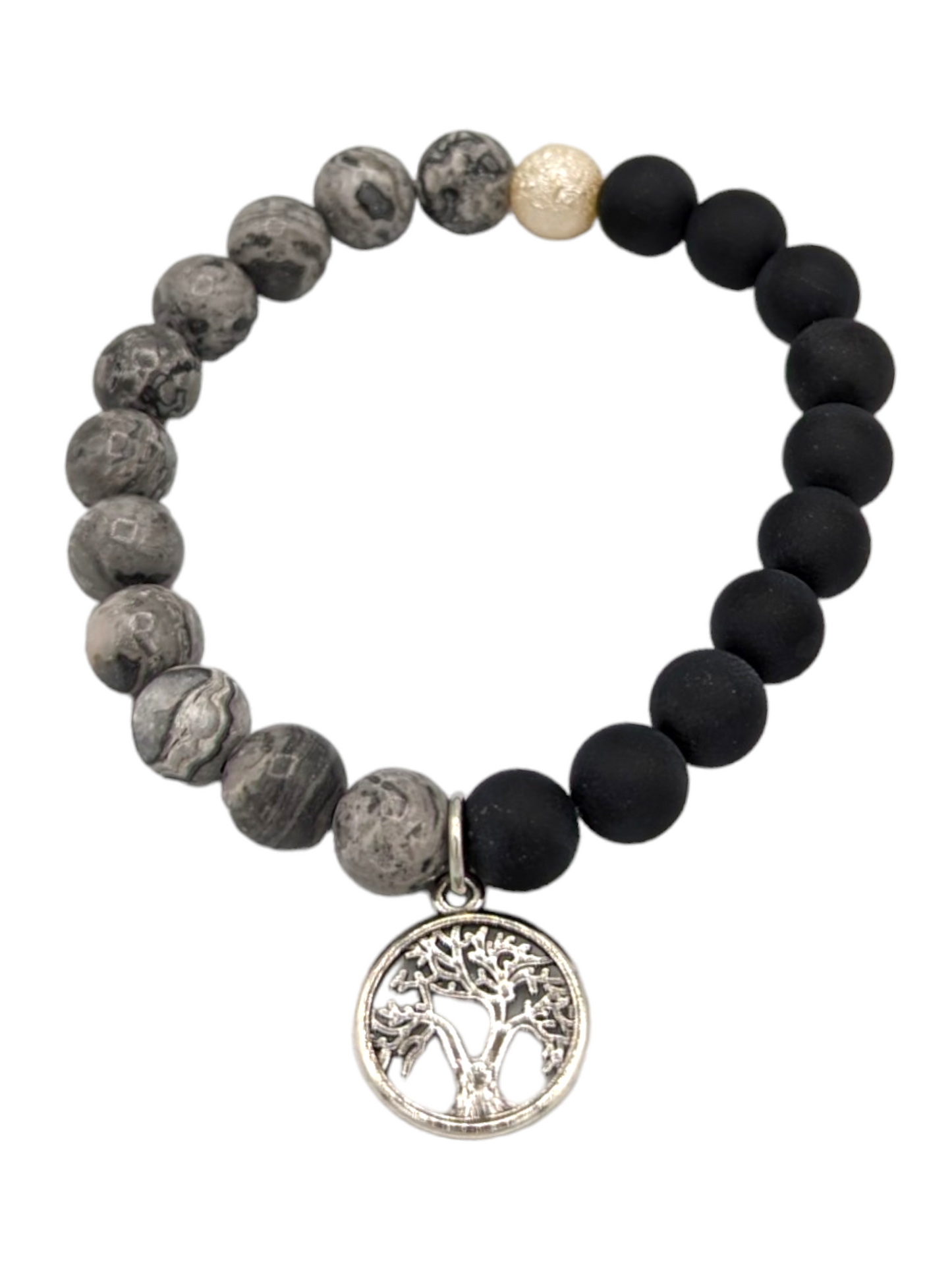 Matte Black Onyx & Map Jasper Grey Beaded Stretch Bracelet - Choose Your Favorite Charm