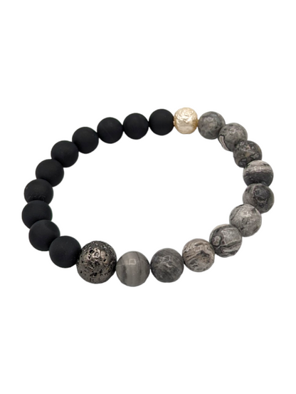 Matte Black Onyx & Map Jasper Grey Beaded Stretch Bracelet