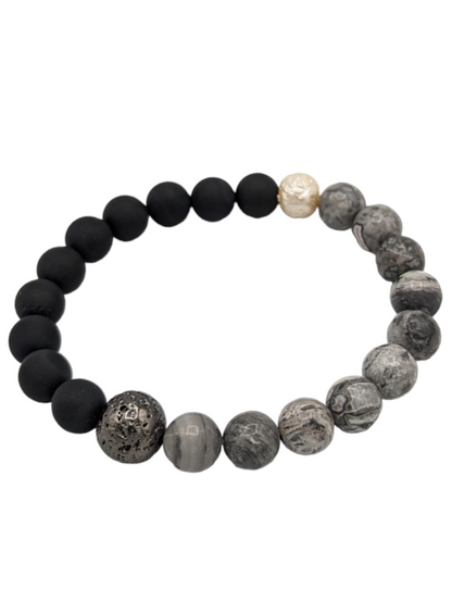 Matte Black Onyx & Map Jasper Grey Beaded Stretch Bracelet