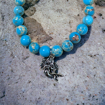 Sea Sediment Jasper with Mermaid Charm Stretch Bracelet