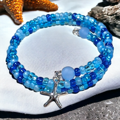 Ocean Blues Seed Beads Memory Wire Bracelet with Starfish Charm