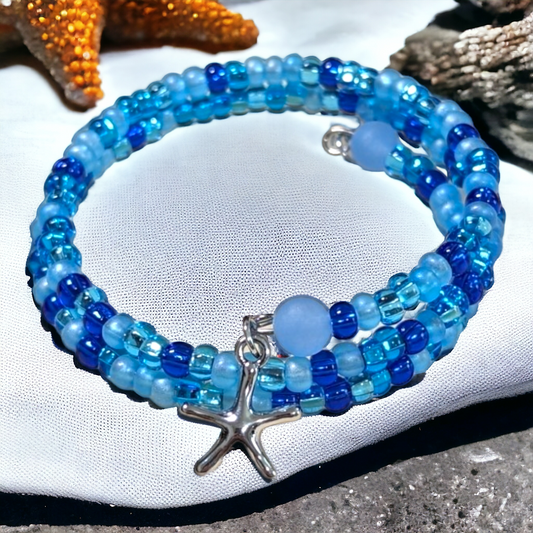 Ocean Blues Seed Beads Memory Wire Bracelet with Starfish Charm