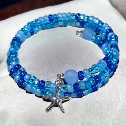 Ocean Blues Seed Beads Memory Wire Bracelet with Starfish Charm