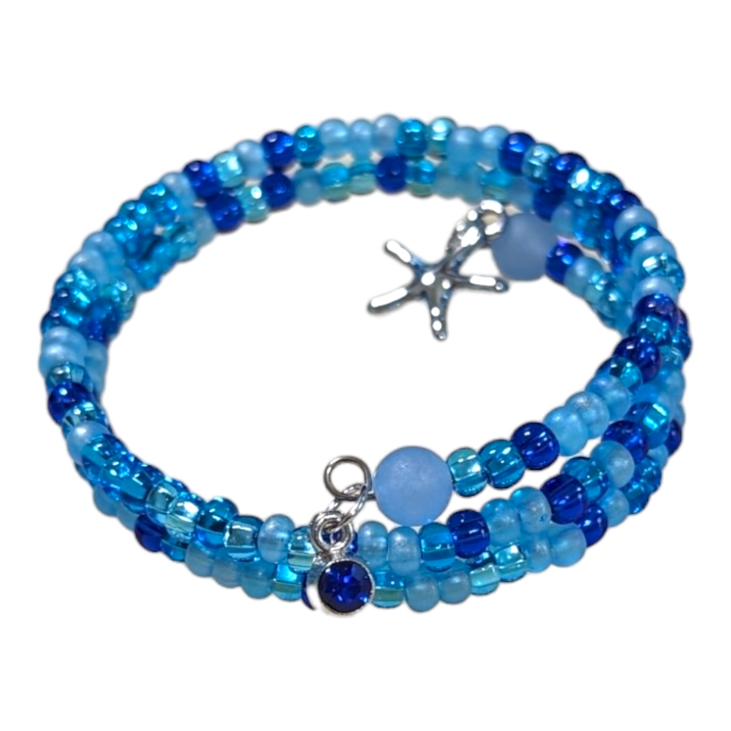 Ocean Blues Seed Beads Memory Wire Bracelet with Starfish Charm