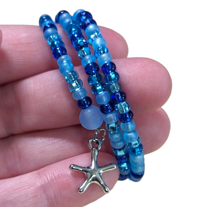 Ocean Blues Seed Beads Memory Wire Bracelet with Starfish Charm