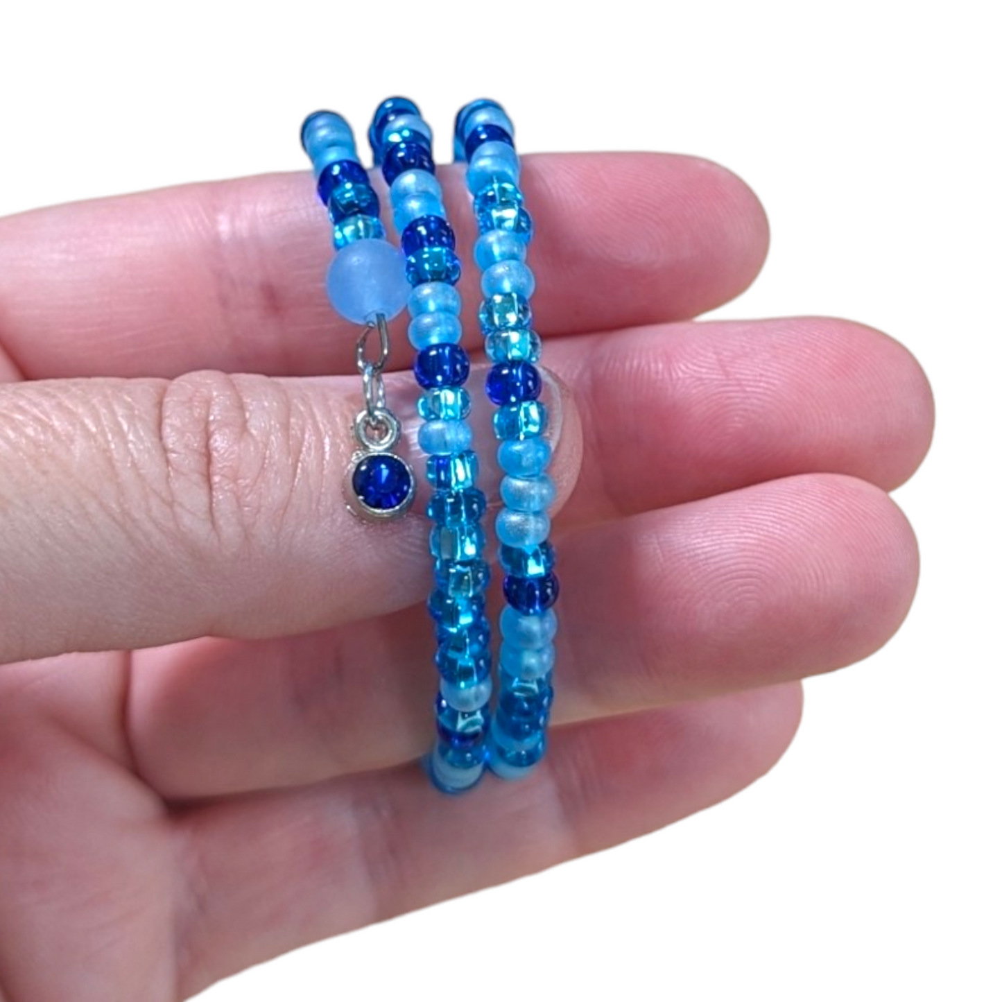 Ocean Blues Seed Beads Memory Wire Bracelet with Starfish Charm