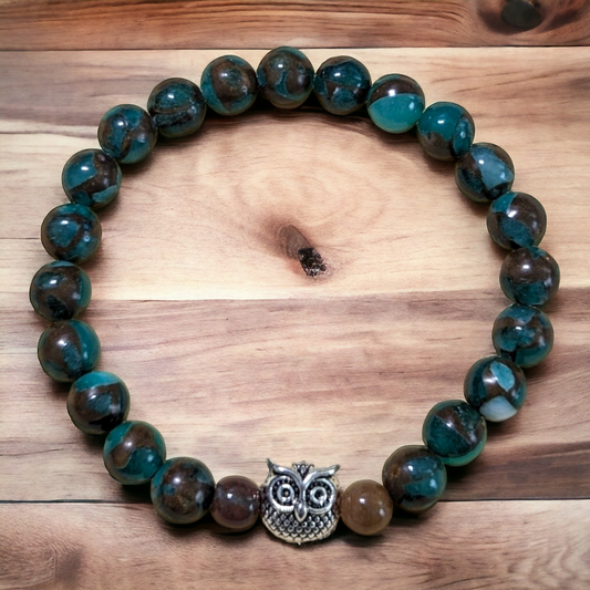 Emerald Green-Gold & Brown Quartz Beads Stretch Bracelet with Owl Accent