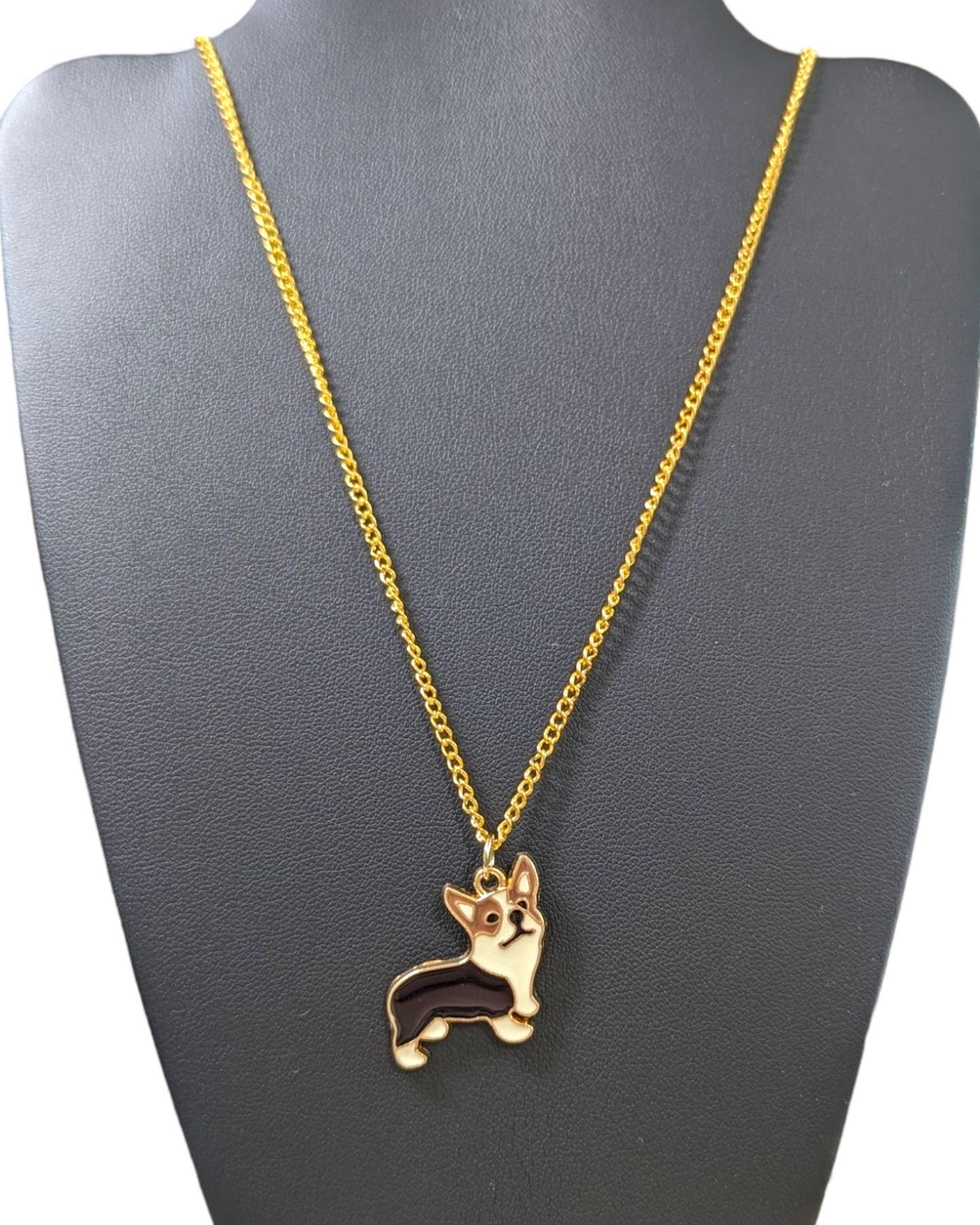 Enamel & Gold Corgi Charm Necklace, 18-inch Gold-Plated Cable Chain