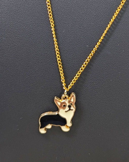 Enamel & Gold Corgi Charm Necklace, 18-inch Gold-Plated Cable Chain