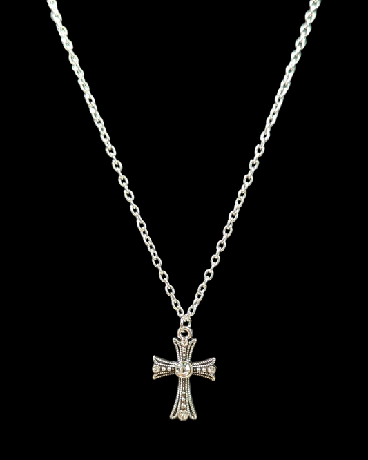 Rhinestone-Encrusted Silver Cross on 24-inch Silver-Plated Cable Chain Necklace