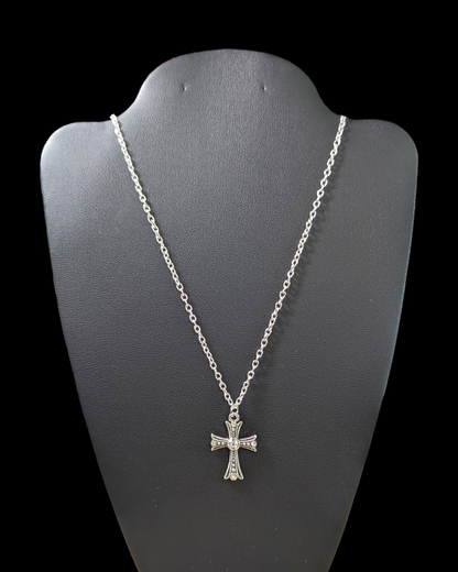 Rhinestone-Encrusted Silver Cross on 24-inch Silver-Plated Cable Chain Necklace