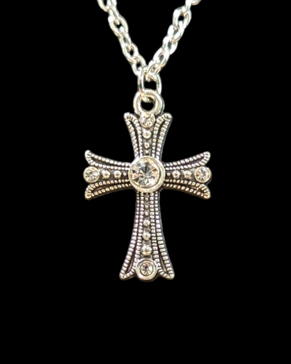 Rhinestone-Encrusted Silver Cross on 24-inch Silver-Plated Cable Chain Necklace