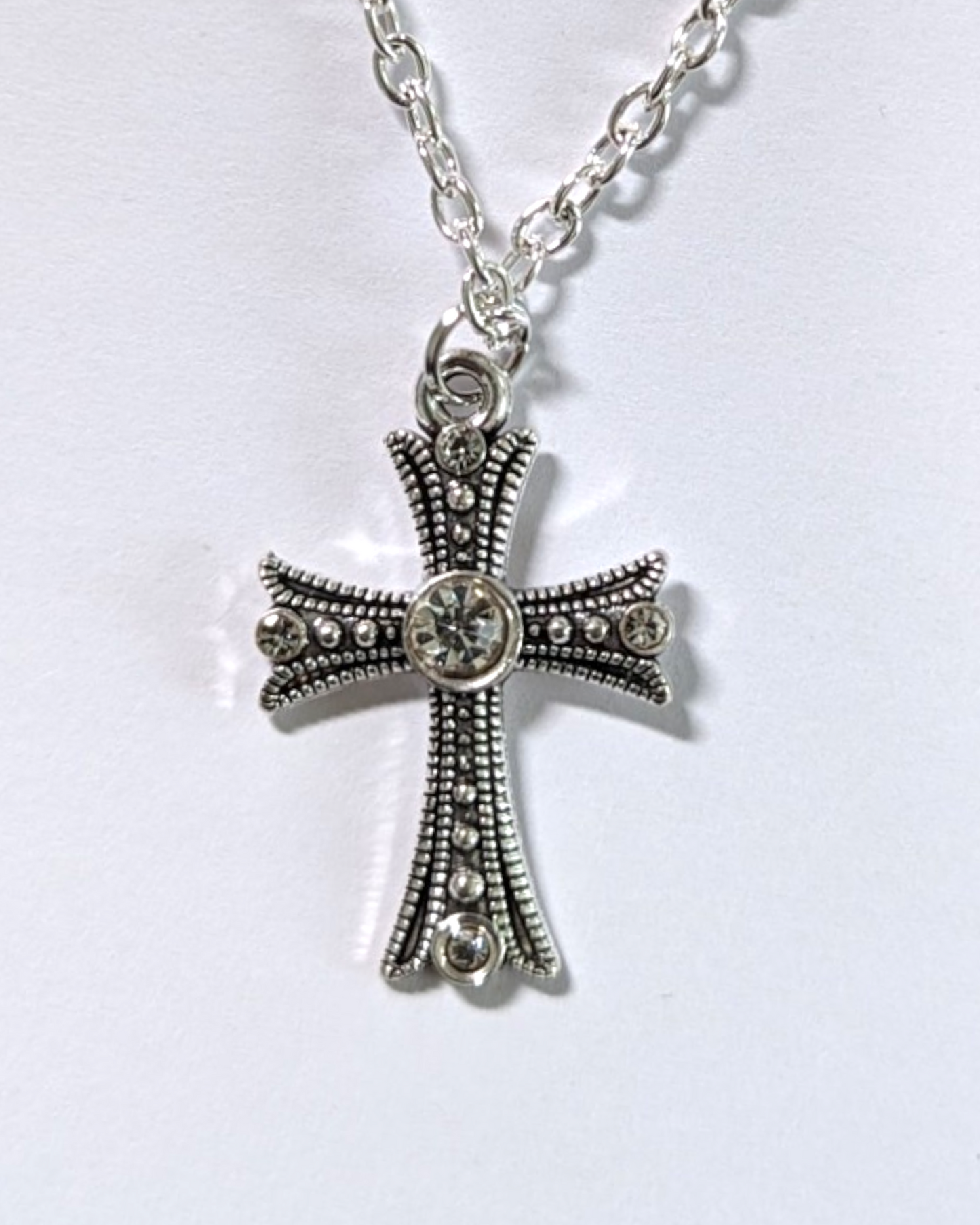 Rhinestone-Encrusted Silver Cross on 24-inch Silver-Plated Cable Chain Necklace