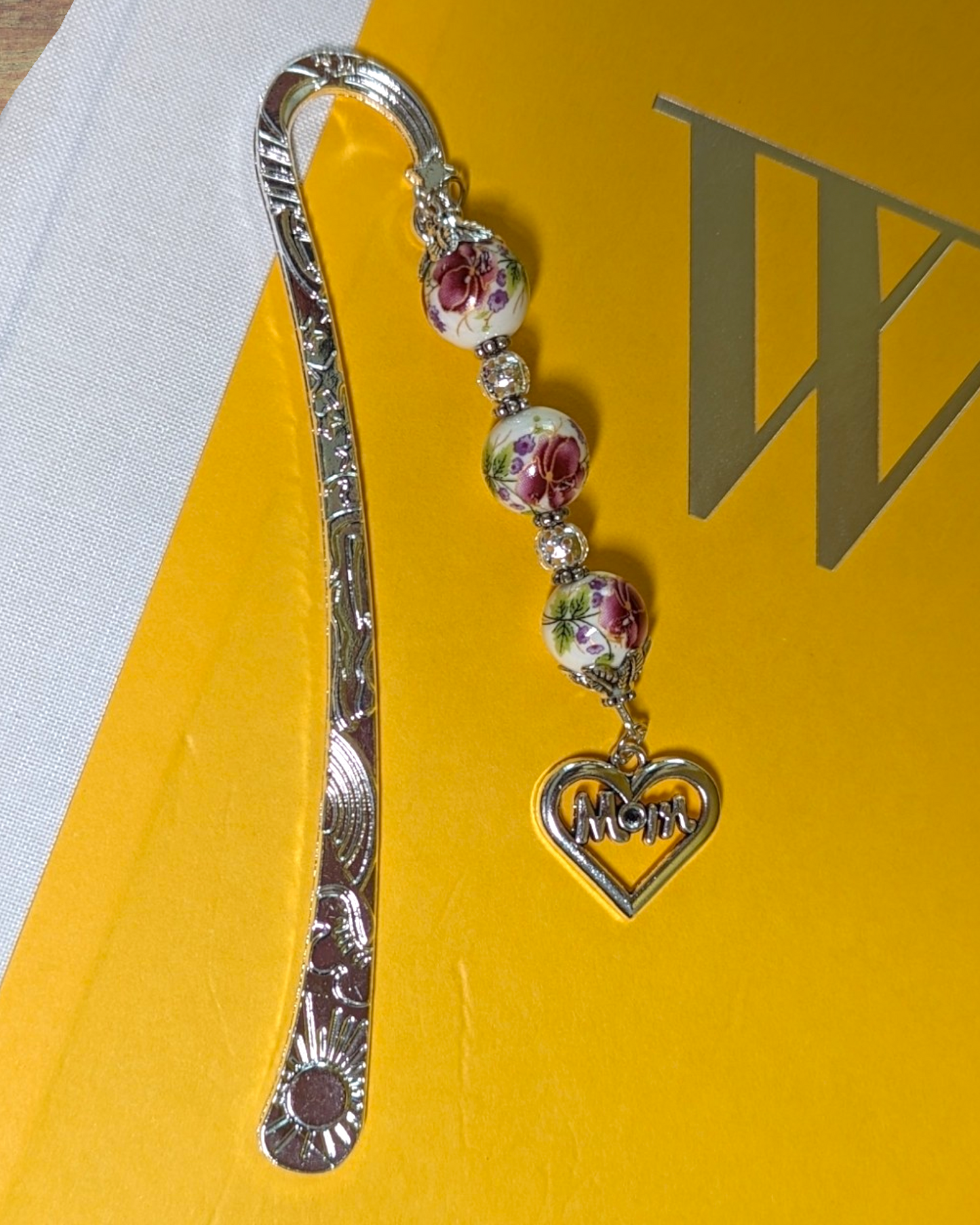 Sterling Silver Bookmark with Floral Ceramic Beads for Mom