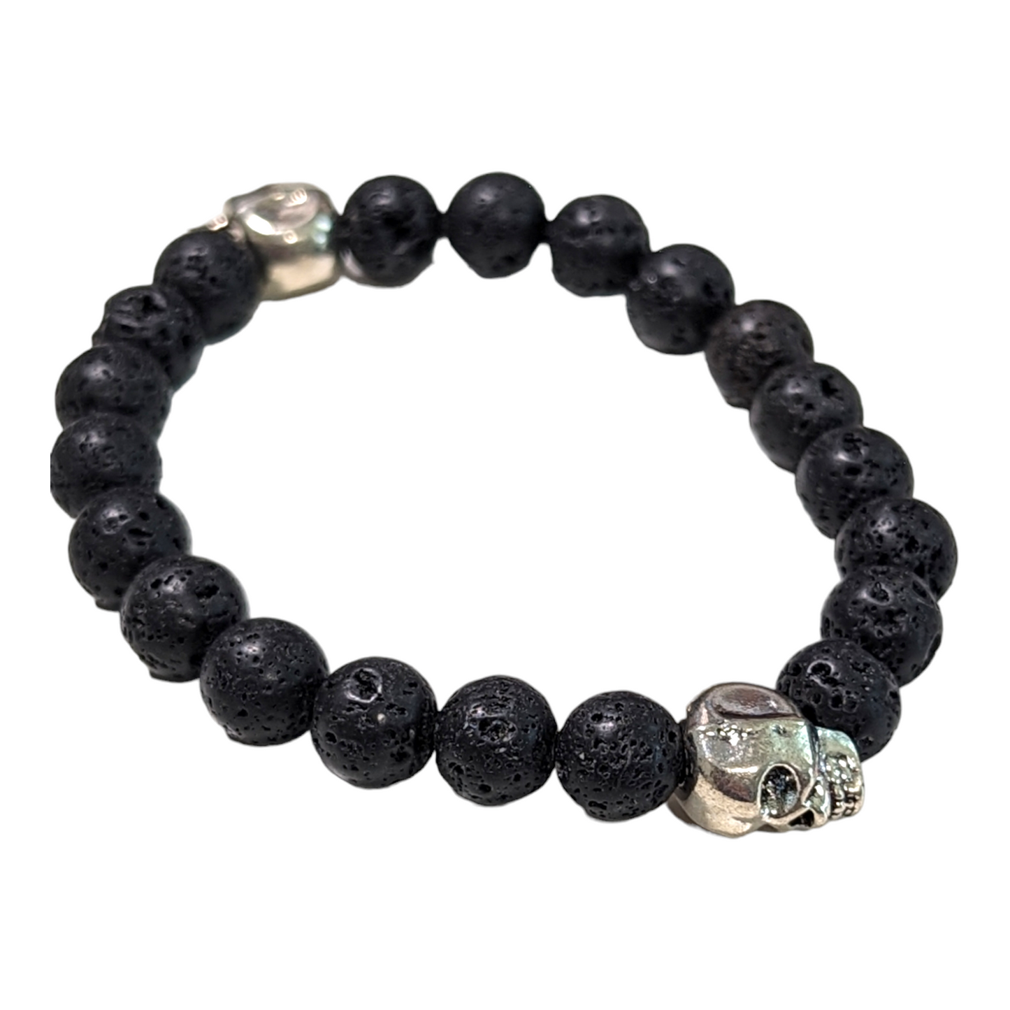 Black Lava Beads with Silver Skulls Stretch Bracelet