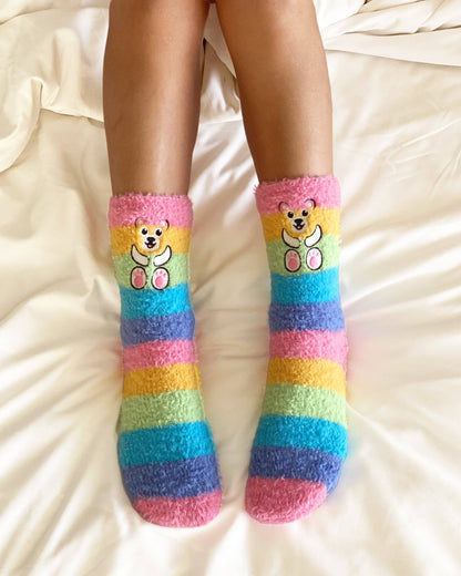 Fuzzy Crew Socks - Teddy Bears - Rainbow Stripes