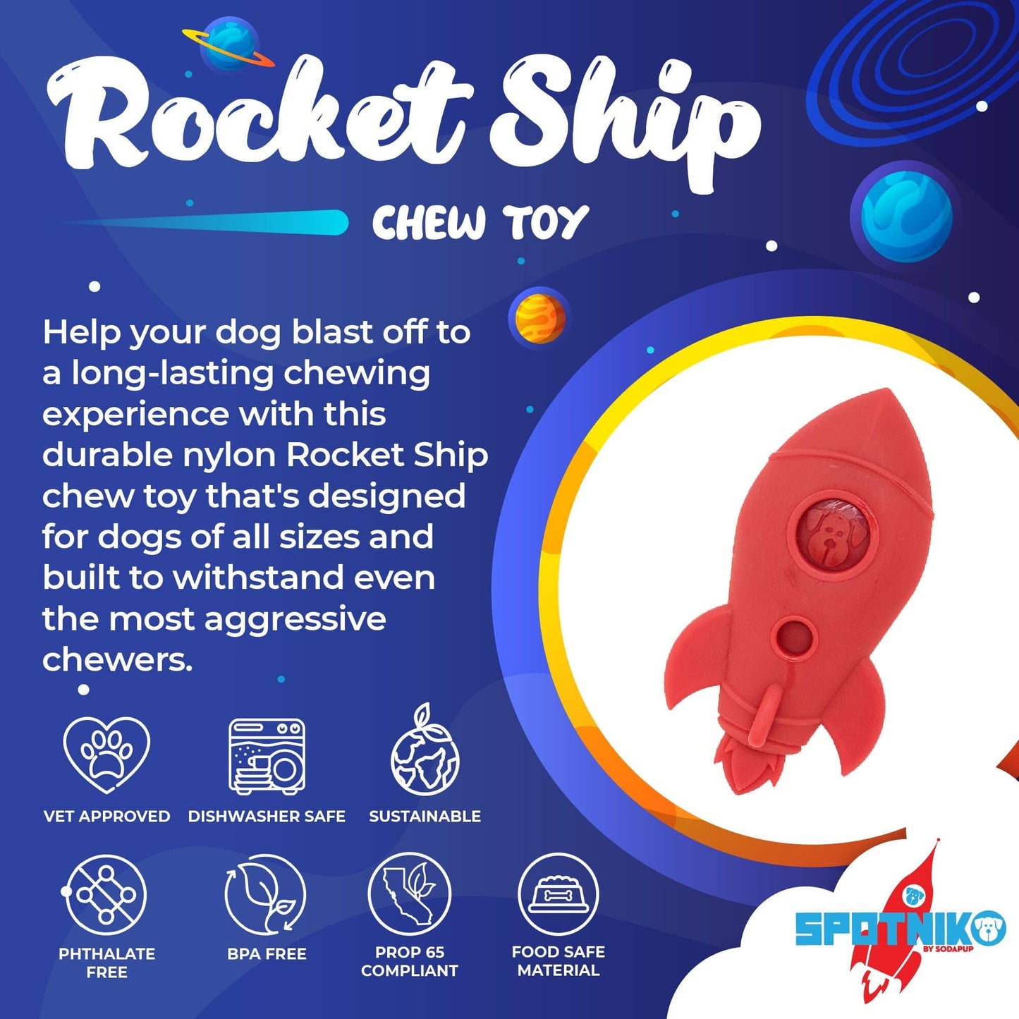 Spotnik Durable Nylon Rocket Ship Chew Toy - Red