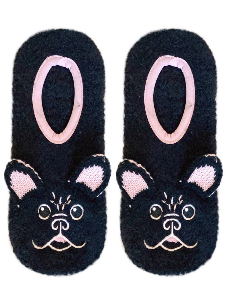 Fuzzy Slipper Socks w/ 3D Ears - Frenchie Dog - Black