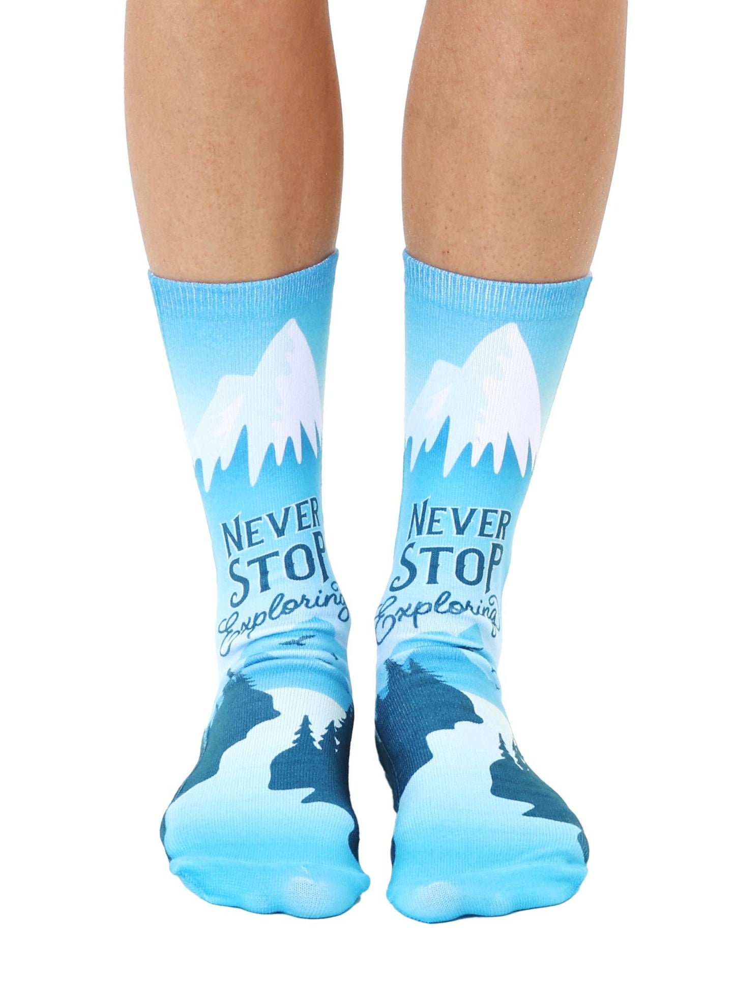 Novelty Graphic Crew Socks - "Never Stop Exploring" - Blue