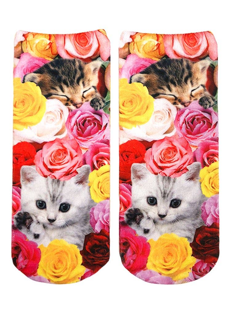 Novelty Graphic Ankle Socks - Kittens Among the Roses