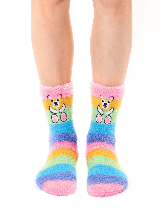 Fuzzy Crew Socks - Teddy Bears - Rainbow Stripes