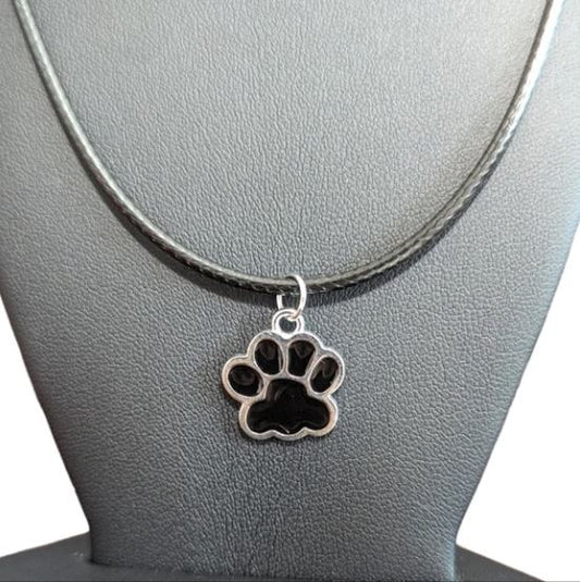 Black Enamel & Silver Dog Paw Charm on Cotton Cord Necklace
