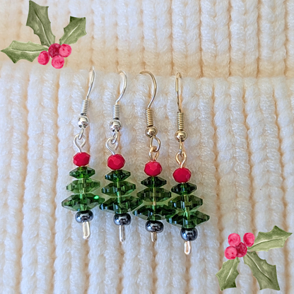 The "O Tannenbaum" Collection Earrings - Green Trees with Red Topper - Choose your metal, silver or gold