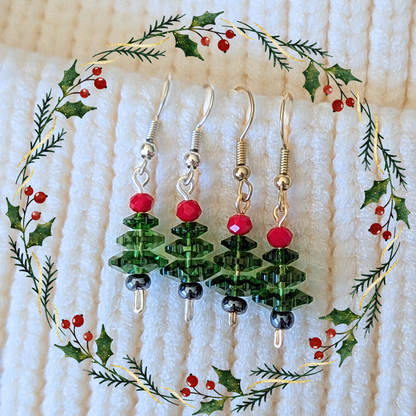 The "O Tannenbaum" Collection Earrings - Green Trees with Red Topper - Choose your metal, silver or gold