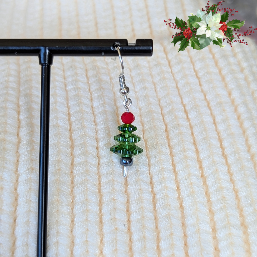 The "O Tannenbaum" Collection Earrings - Green Trees with Red Topper - Choose your metal, silver or gold