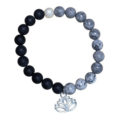 Matte Black Onyx & Map Jasper Grey Beaded Stretch Bracelet - Choose Your Favorite Charm