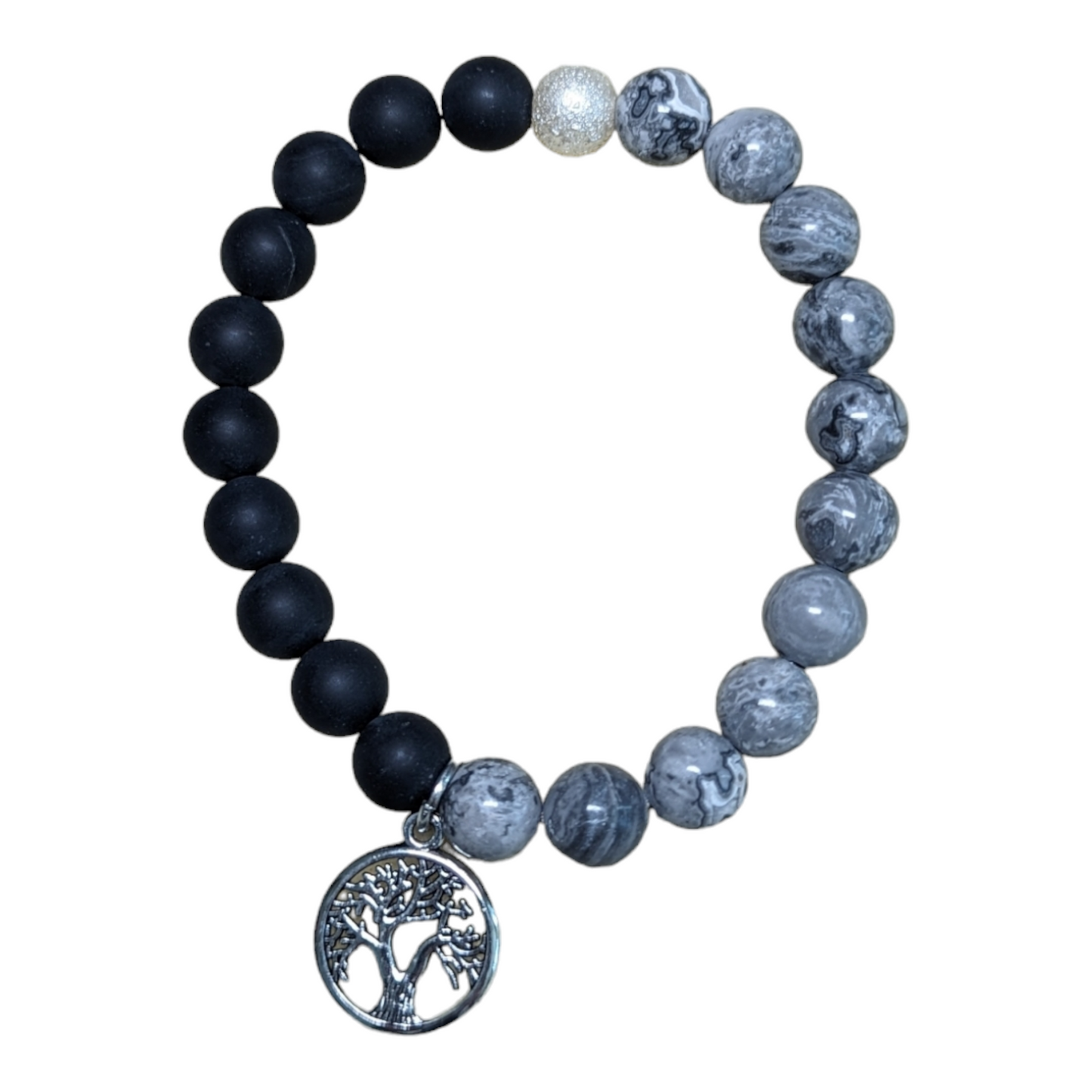 Matte Black Onyx & Map Jasper Grey Beaded Stretch Bracelet - Choose Your Favorite Charm