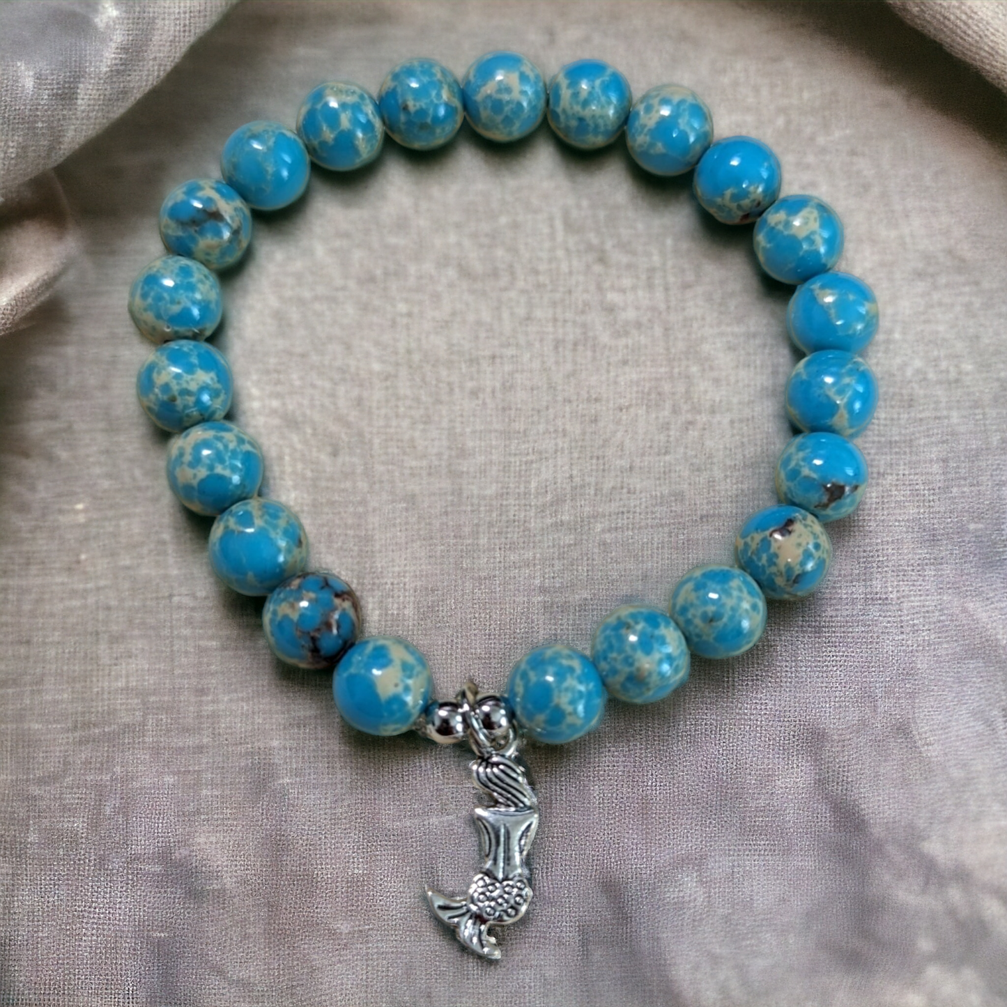 Sea Sediment Jasper with Mermaid Charm & Silver Bead Accents Stretch Bracelet