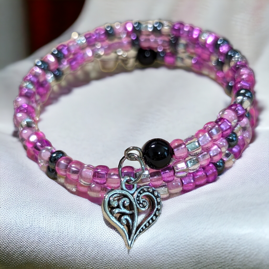 Pink Hawaii Memory Wire Bracelet with Heart Charm