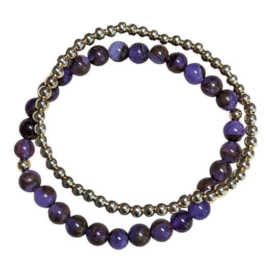 Purple-Brown Quartz Rounded Bead & Gold Brass Stretch Bracelets 2-pc Set