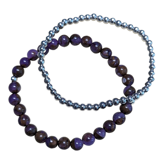 Purple-Brown Quartz Rounded Bead & Silver Brass Stretch Bracelet 2-pc Set