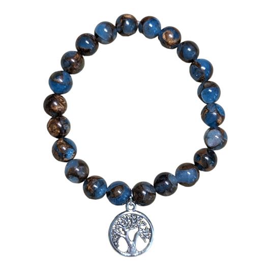 Blue-Brown Quartz Beads Stretch Bracelet w/ Tree of Life Charm